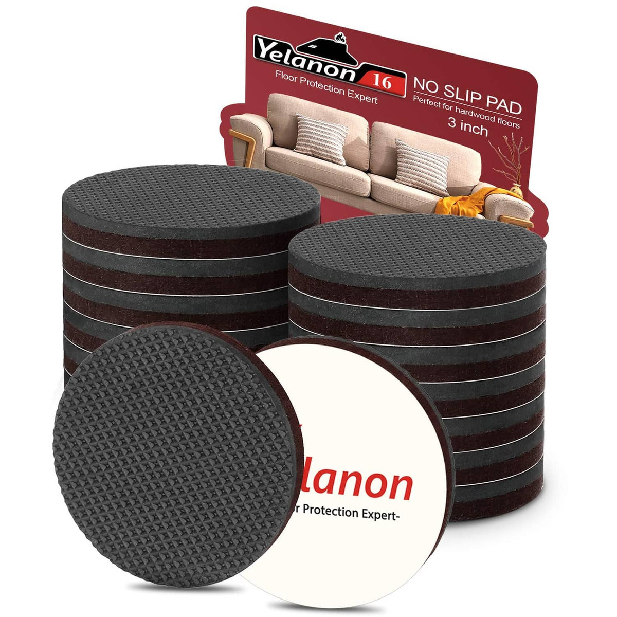 Yelanon round non-slip furniture pads, dark gray textured discs with adhesive backing