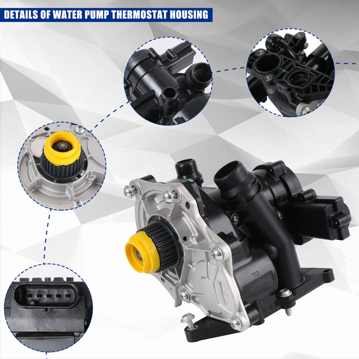 Water pump thermostat housing assembly with yellow cap and side inlet ports