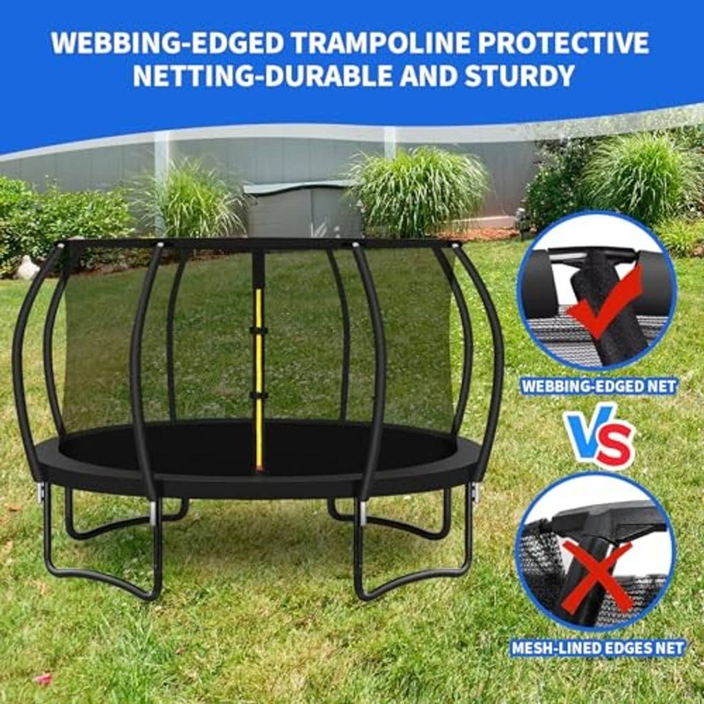 Black trampoline enclosure net with webbing-edged mesh on a trampoline frame