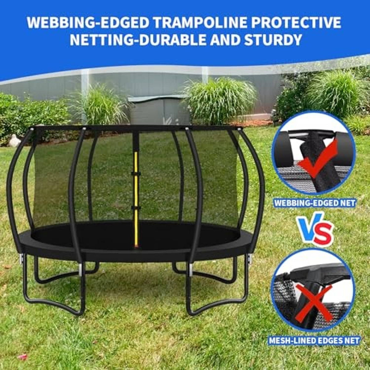 Black trampoline enclosure net with webbing-edged mesh on a trampoline frame