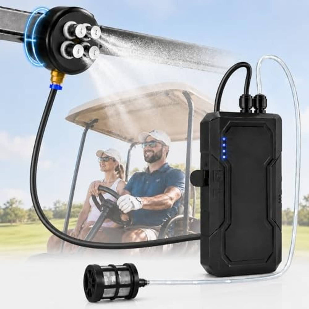 Portable magnetic misting pump with mist head and multiple spray nozzles, connected to hose