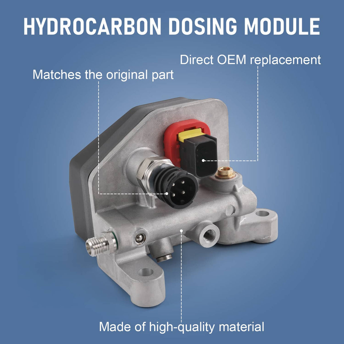 Hydrocarbon dosing module with gray body and black circular sensor connector