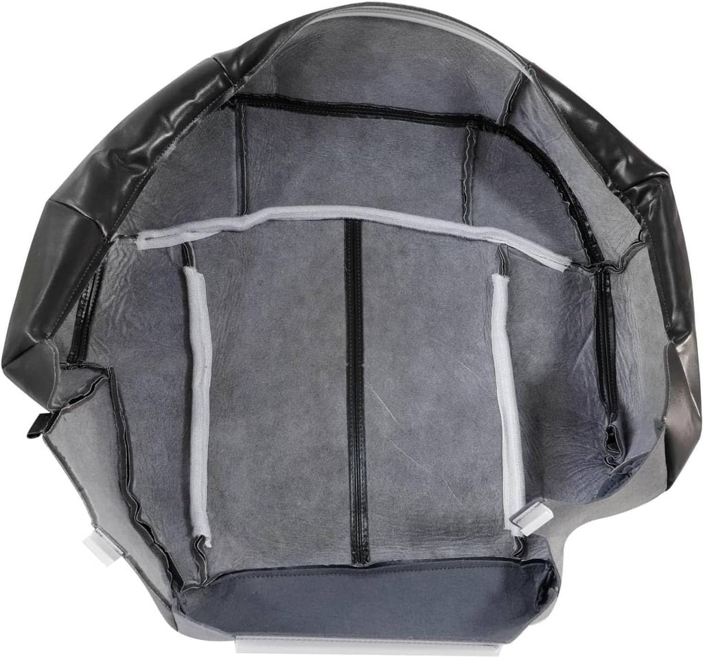 Inside view of dark gray leather seat cover with lining, support panels, and straps