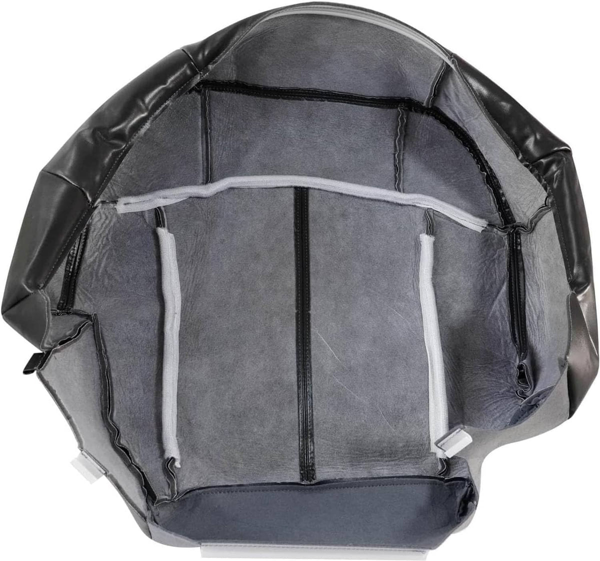 Inside view of dark gray leather seat cover with lining, support panels, and straps