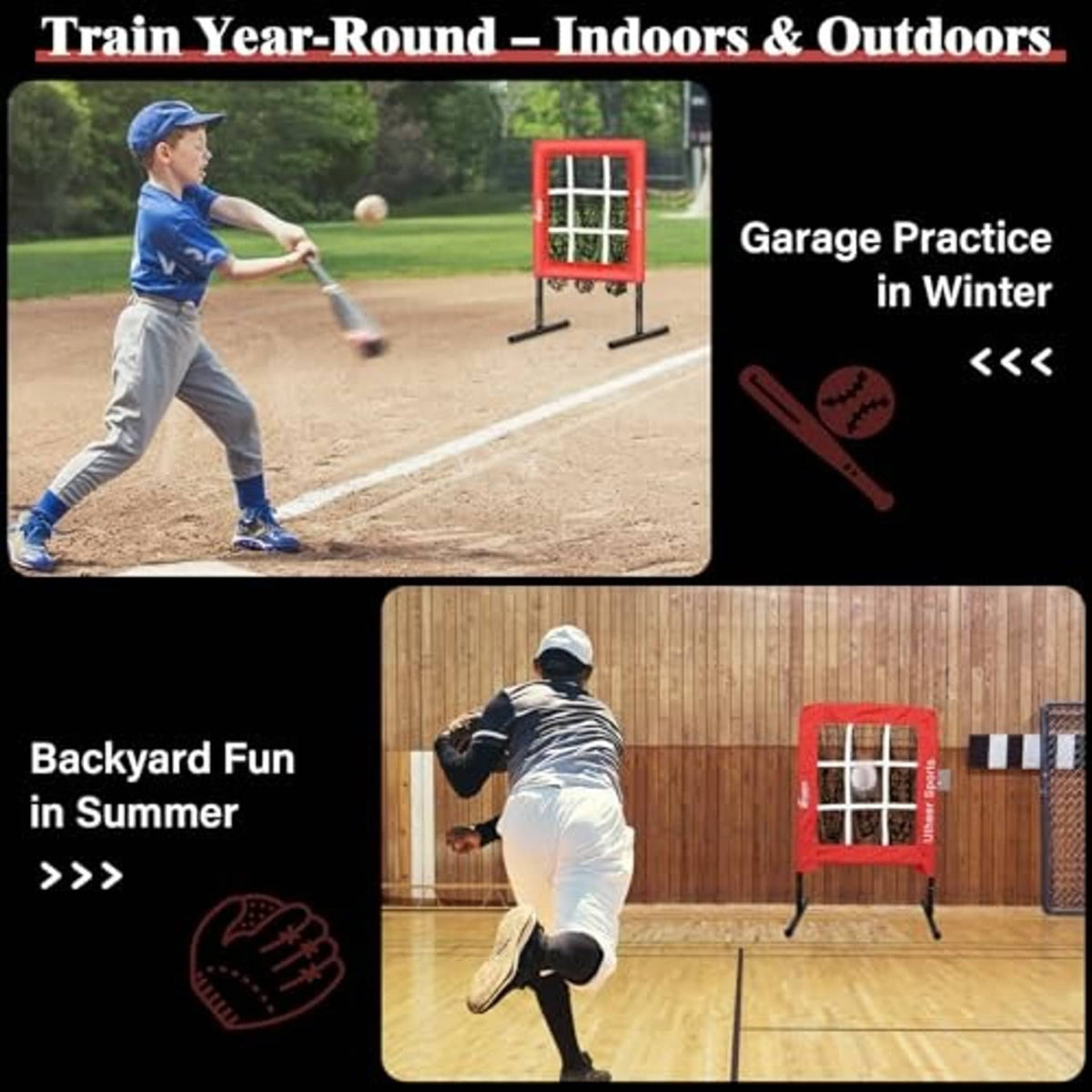 Red pitching net for indoor and outdoor practice with black frame and stake bases
