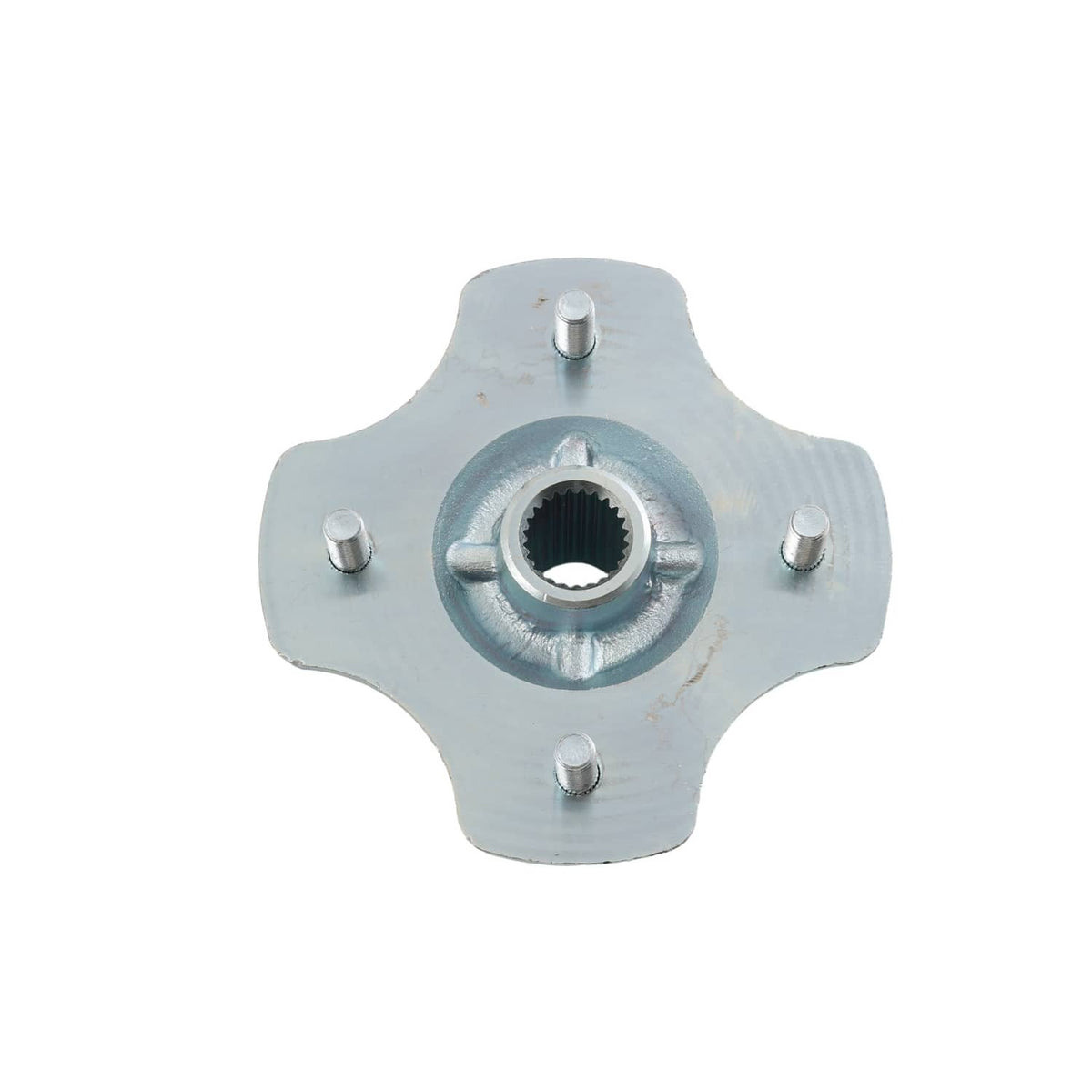 Rear wheel hub with splined center, protective flange, and four side studs