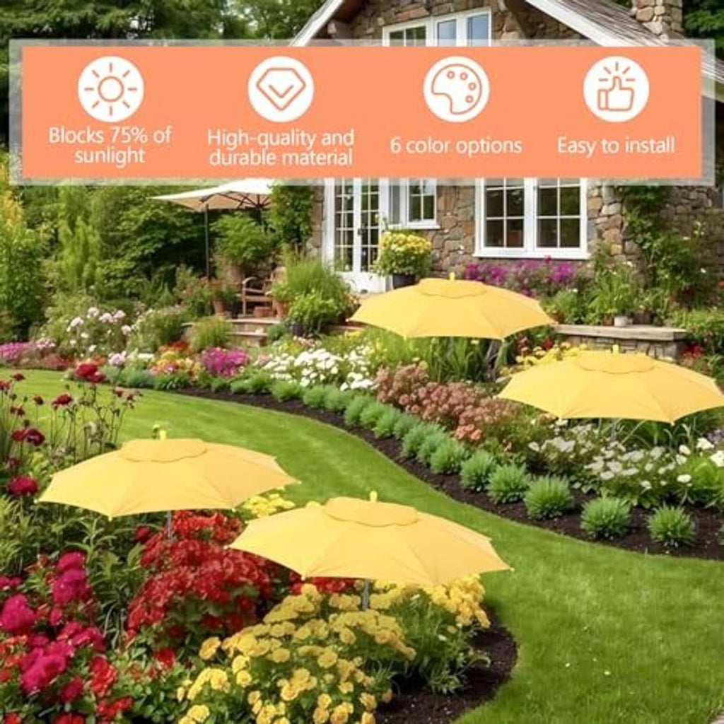 Pack of yellow plant shade umbrellas placed across an outdoor garden