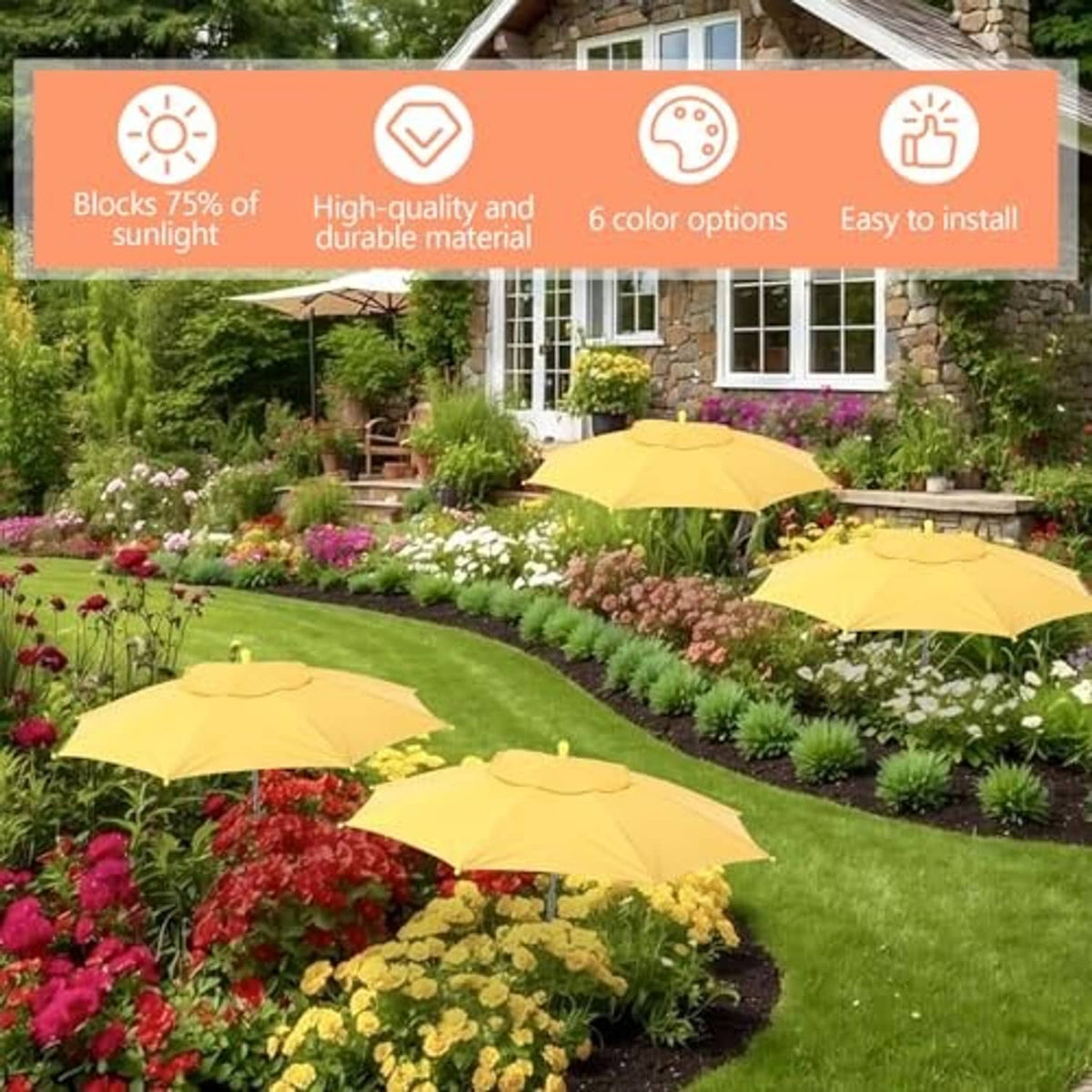 Pack of yellow plant shade umbrellas placed across an outdoor garden