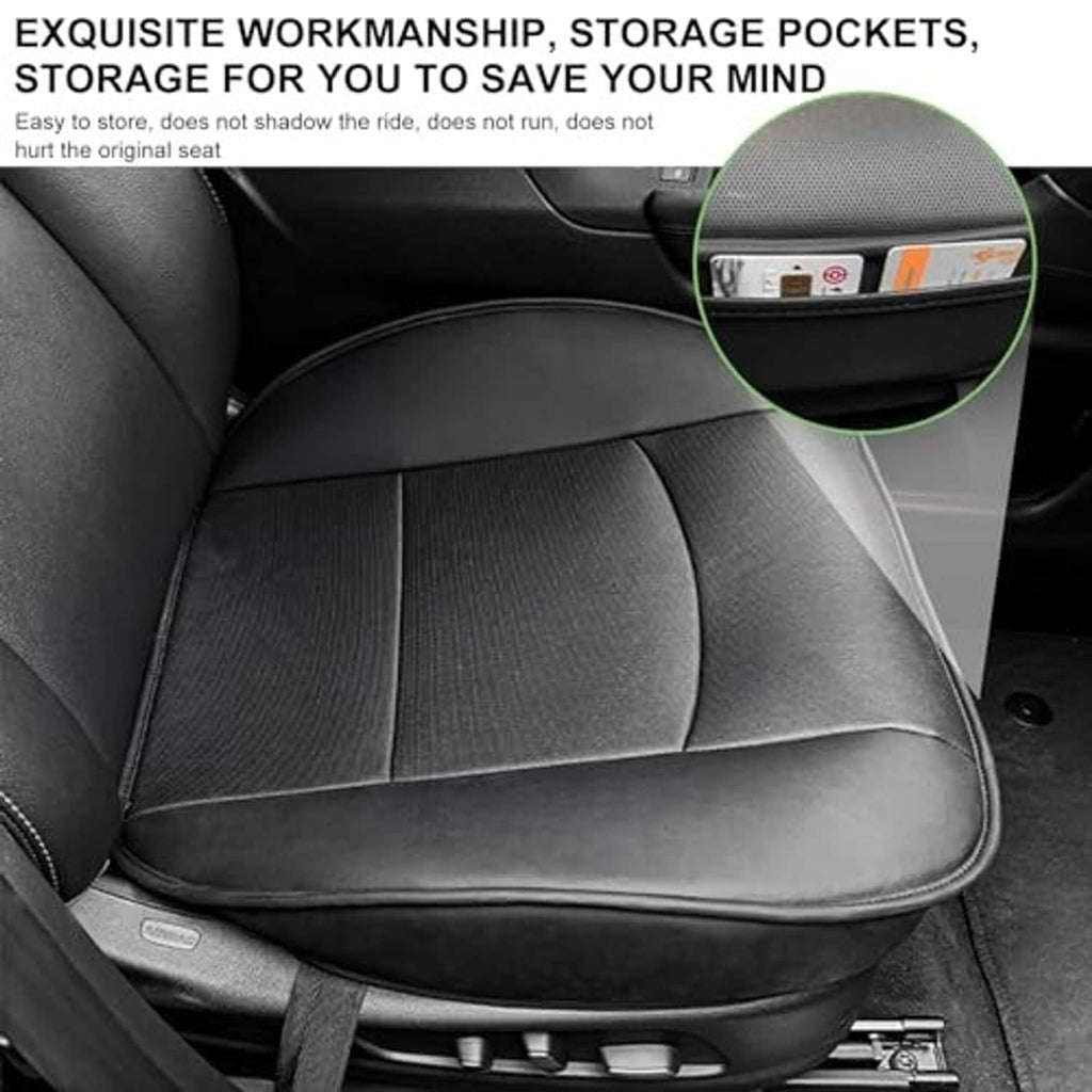 Black PU leather car seat bottom cover with side storage pocket and stitched panels