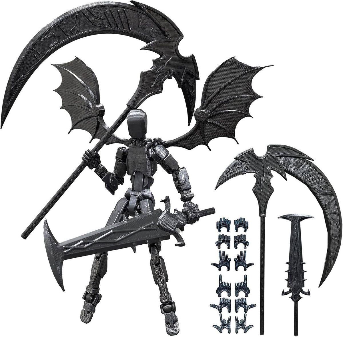Dark gray robot action figure with bat wings and sword, plus accessory parts