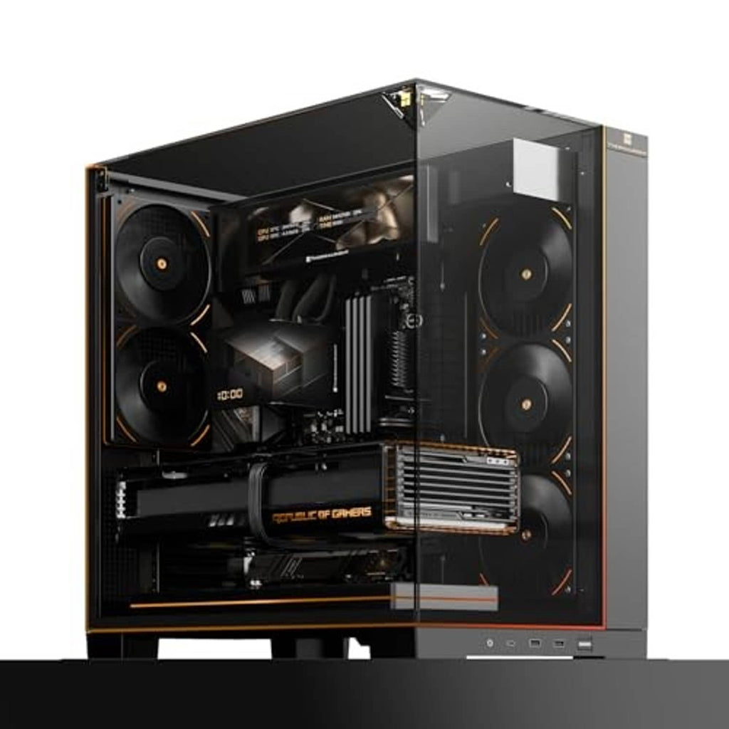 Black ATX gaming PC case with panoramic open tempered glass showing internal components