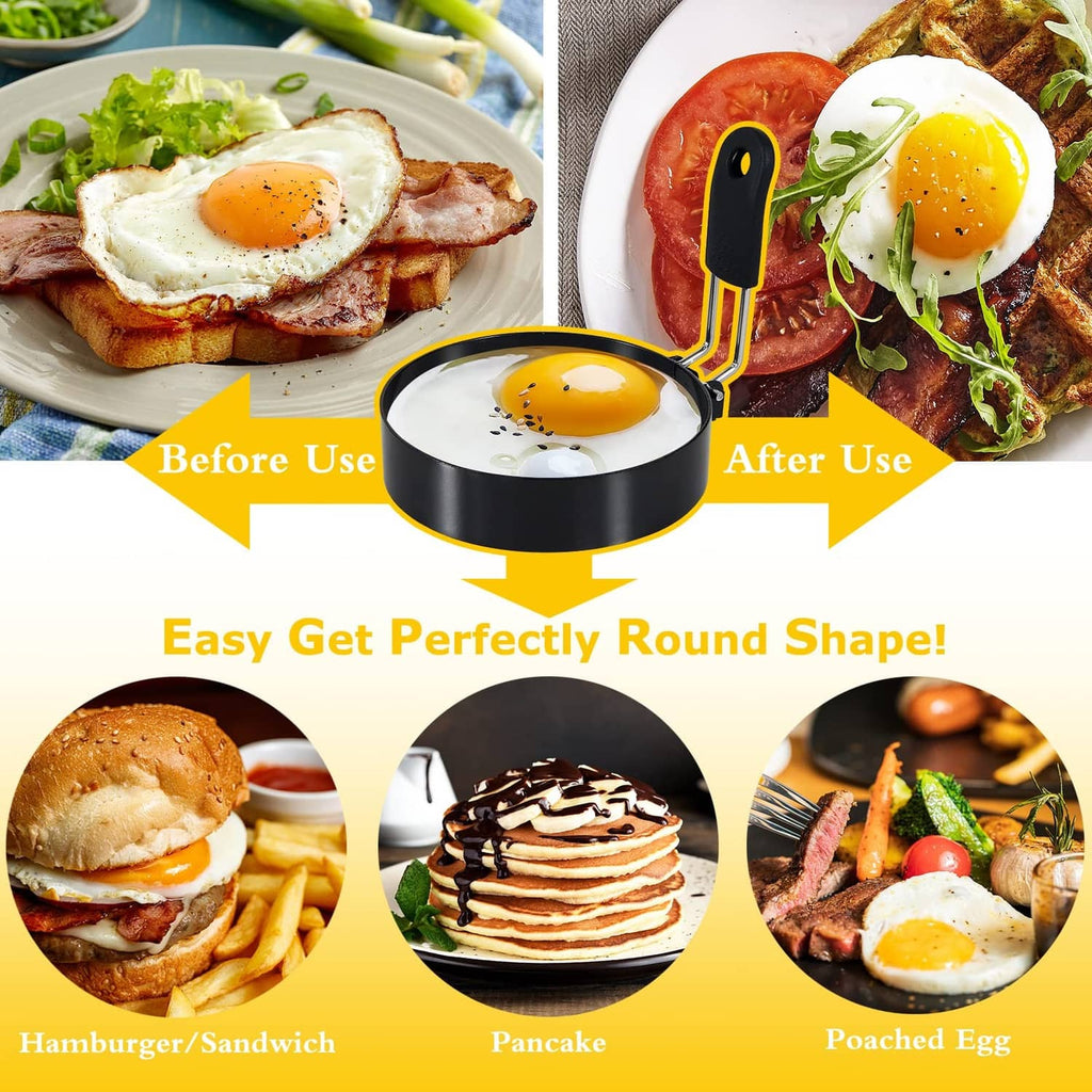 Black egg rings shaping fried eggs in round and square molds on a pan