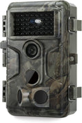 Camouflage trail camera with front lens, IR sensor array, and rugged locking brackets