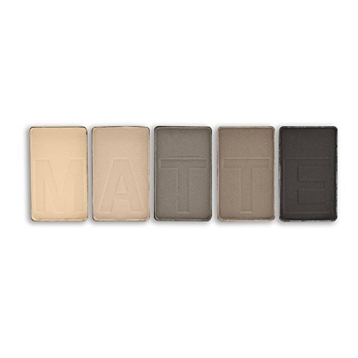 5 matte eyeshadow pans in light nude, taupe, and dark brown tones