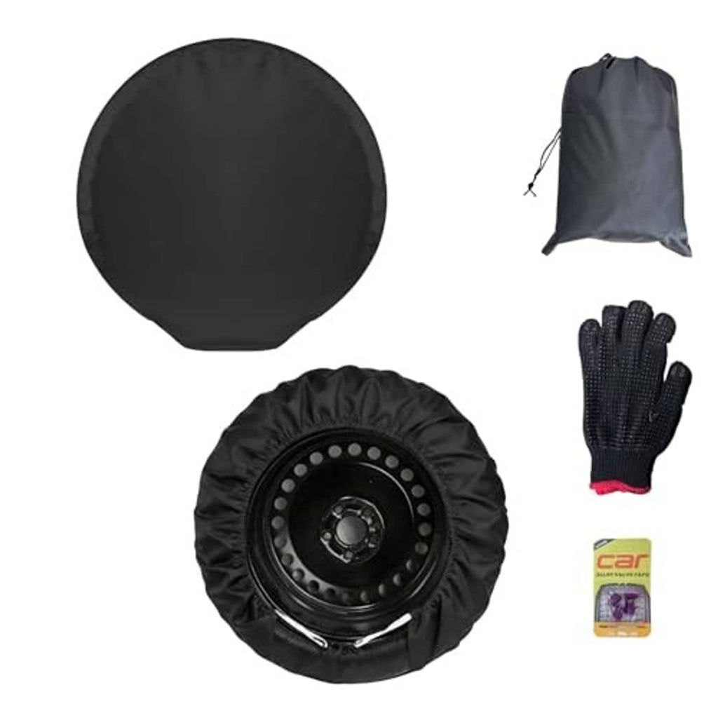 Black RV spare tire cover with matching storage bag and accessory gloves