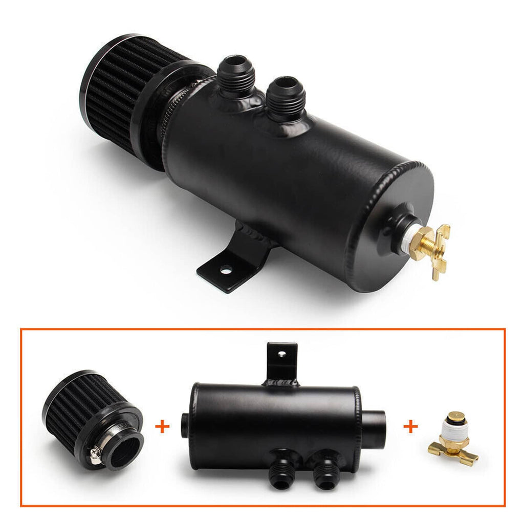 Oil catch can reservoir tank with black filter housing and brass outlet fitting
