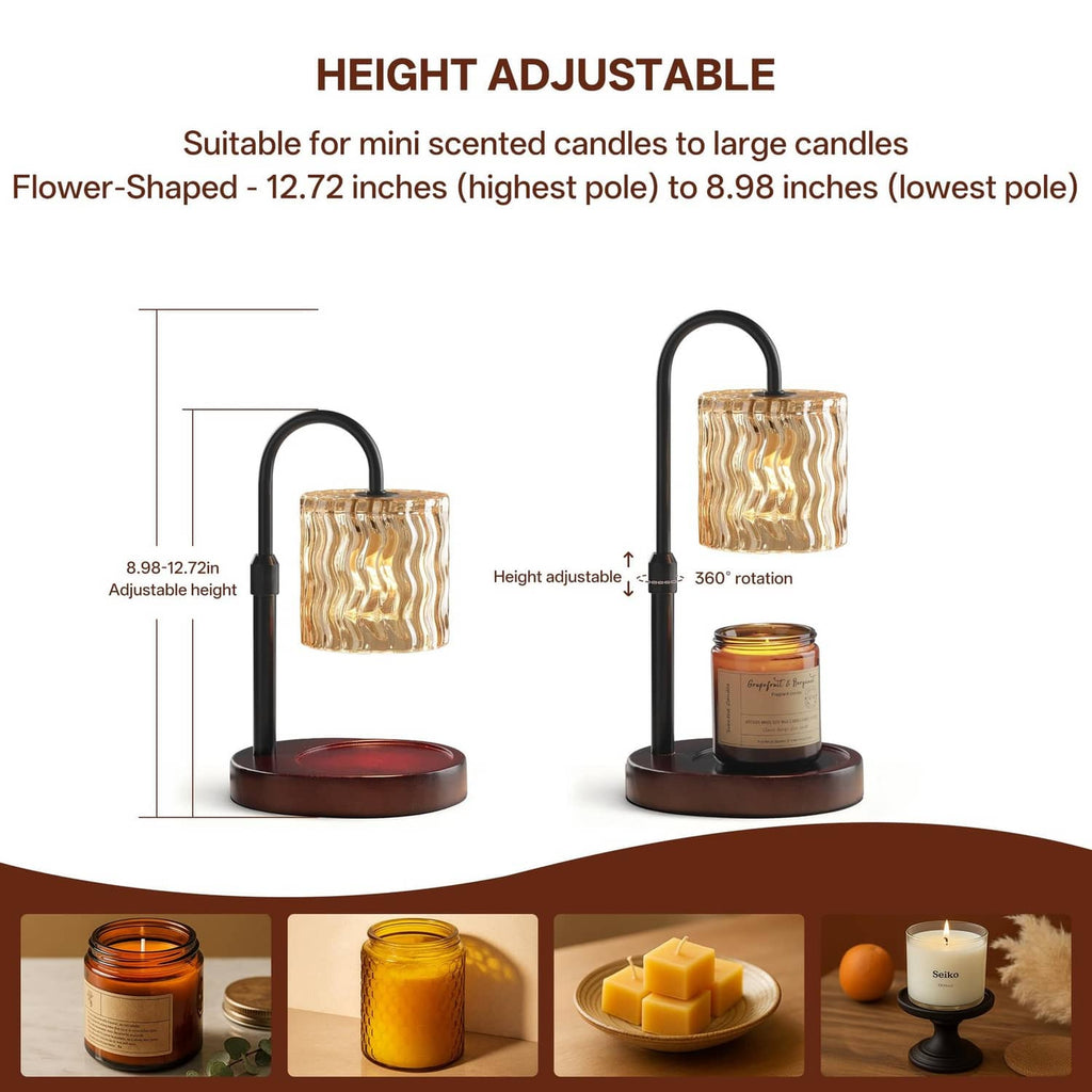Height-adjustable black candle warmer lamp with glowing lantern shade and jar holder
