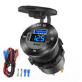 Black circular 12V car USB charger with LED voltage display and QC/PD ports
