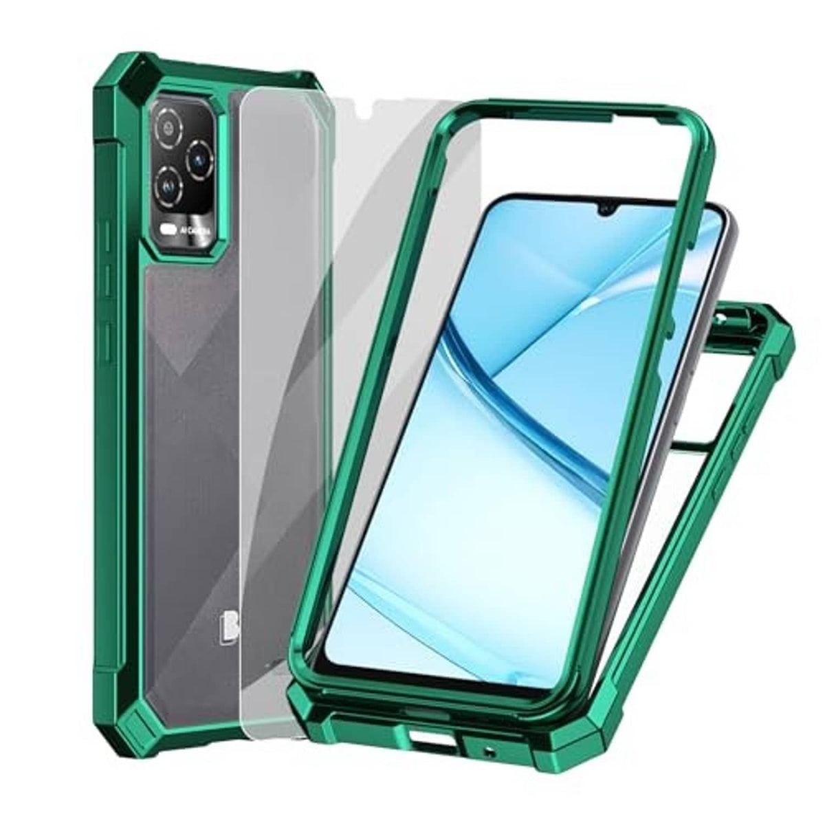 Clear-backed green phone case with front screen guard and camera module cutout