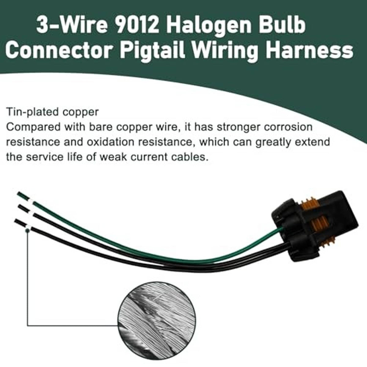 3-wire halogen bulb connector pigtail wiring harness with black connector, green/black wires, heat-shrink tubes