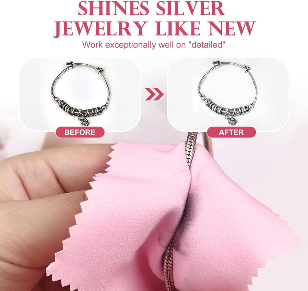 Pink jewelry cleaning cloth polishing a silver hoop earring, hands holding cloth