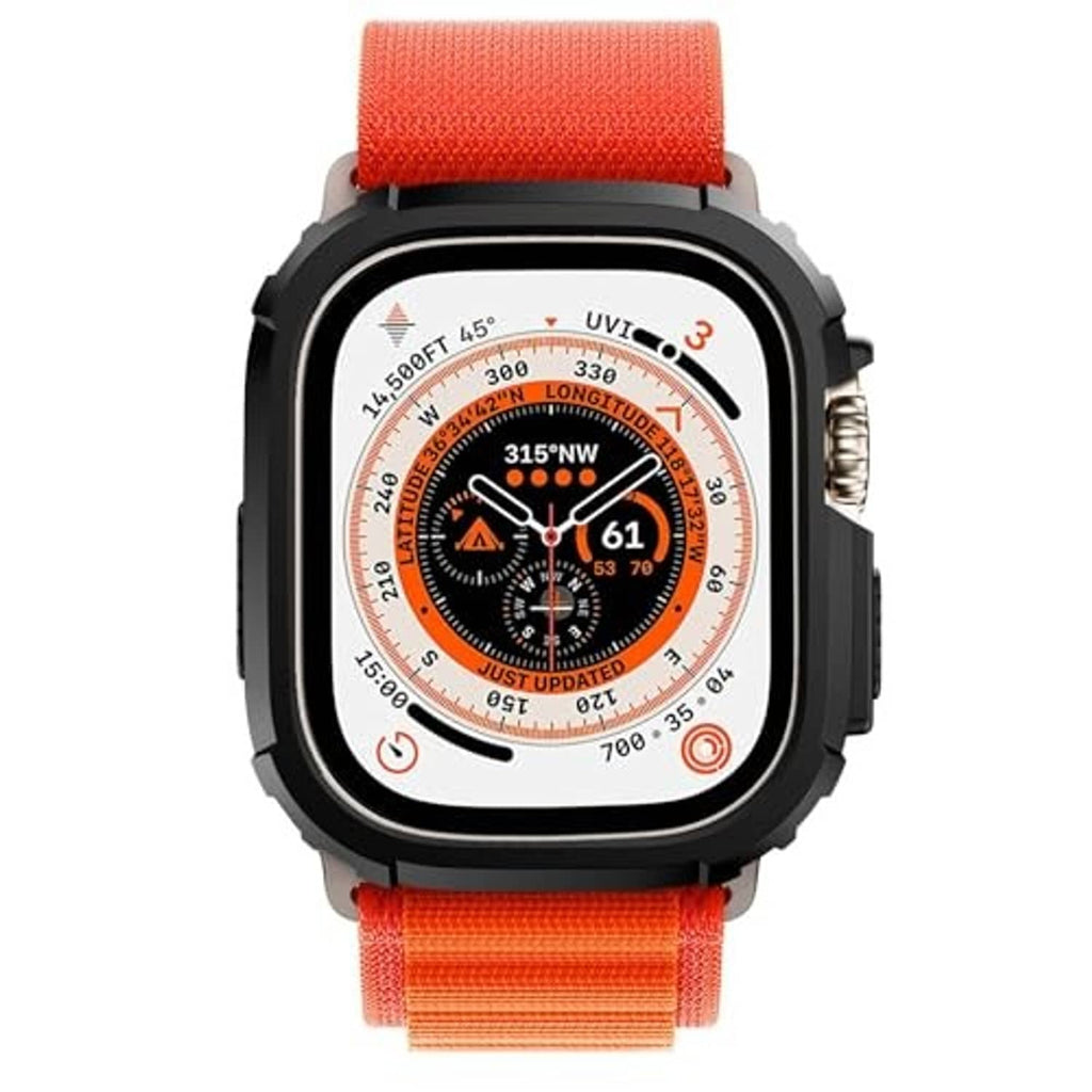 Black shockproof watch bumper on Apple Watch Ultra with orange fabric strap