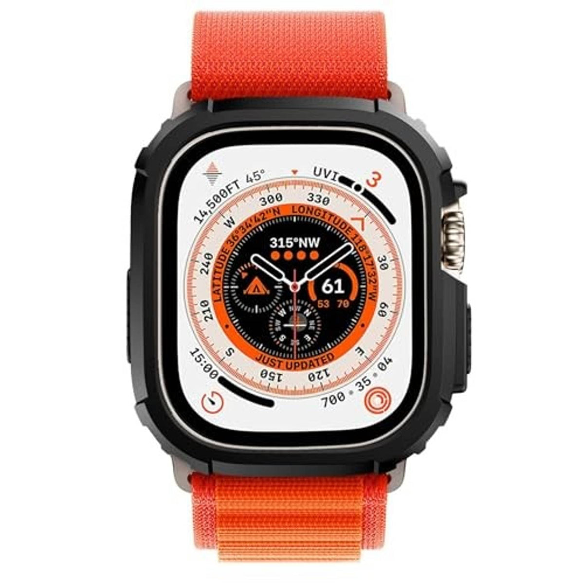 Black shockproof watch bumper on Apple Watch Ultra with orange fabric strap