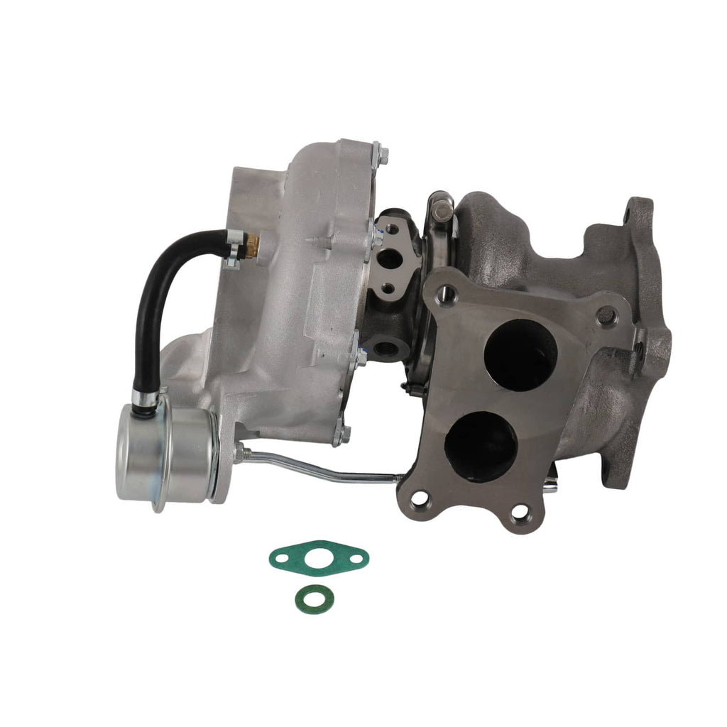 Turbocharger assembly with compressor housing and oil feed line; includes small green gasket