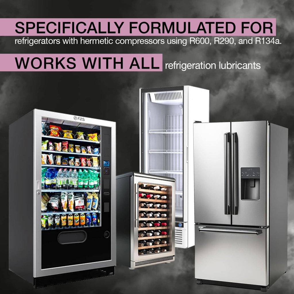 Refrigerator lineup shown for sealant compatibility with hermetic compressor models