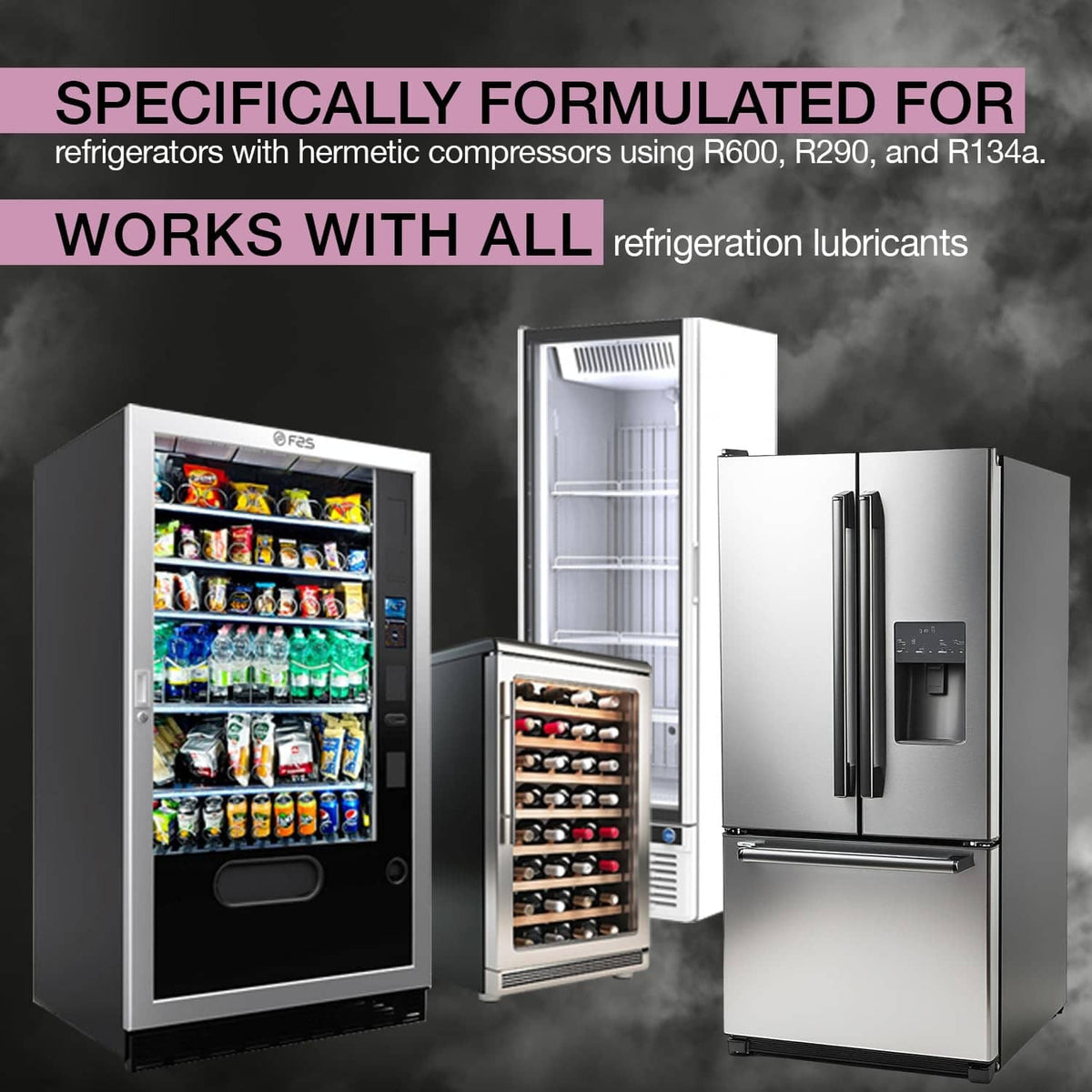Refrigerator lineup shown for sealant compatibility with hermetic compressor models