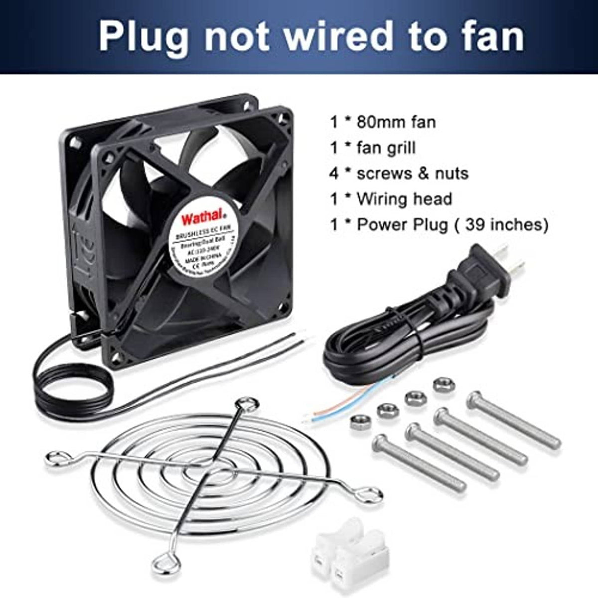80mm axial fan kit with power plug, screws, nuts, and wire harness