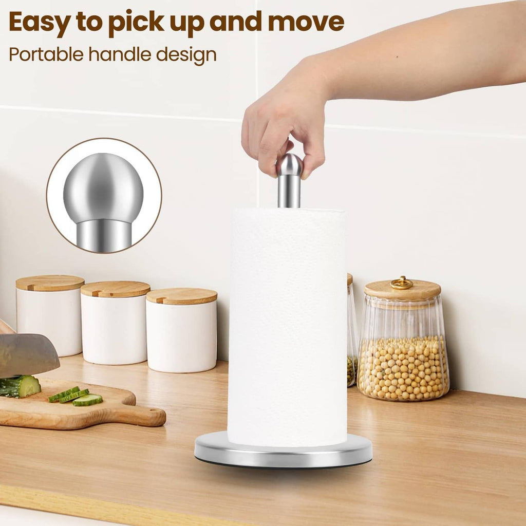Portable silver paper towel holder stand with top grip handle and round base