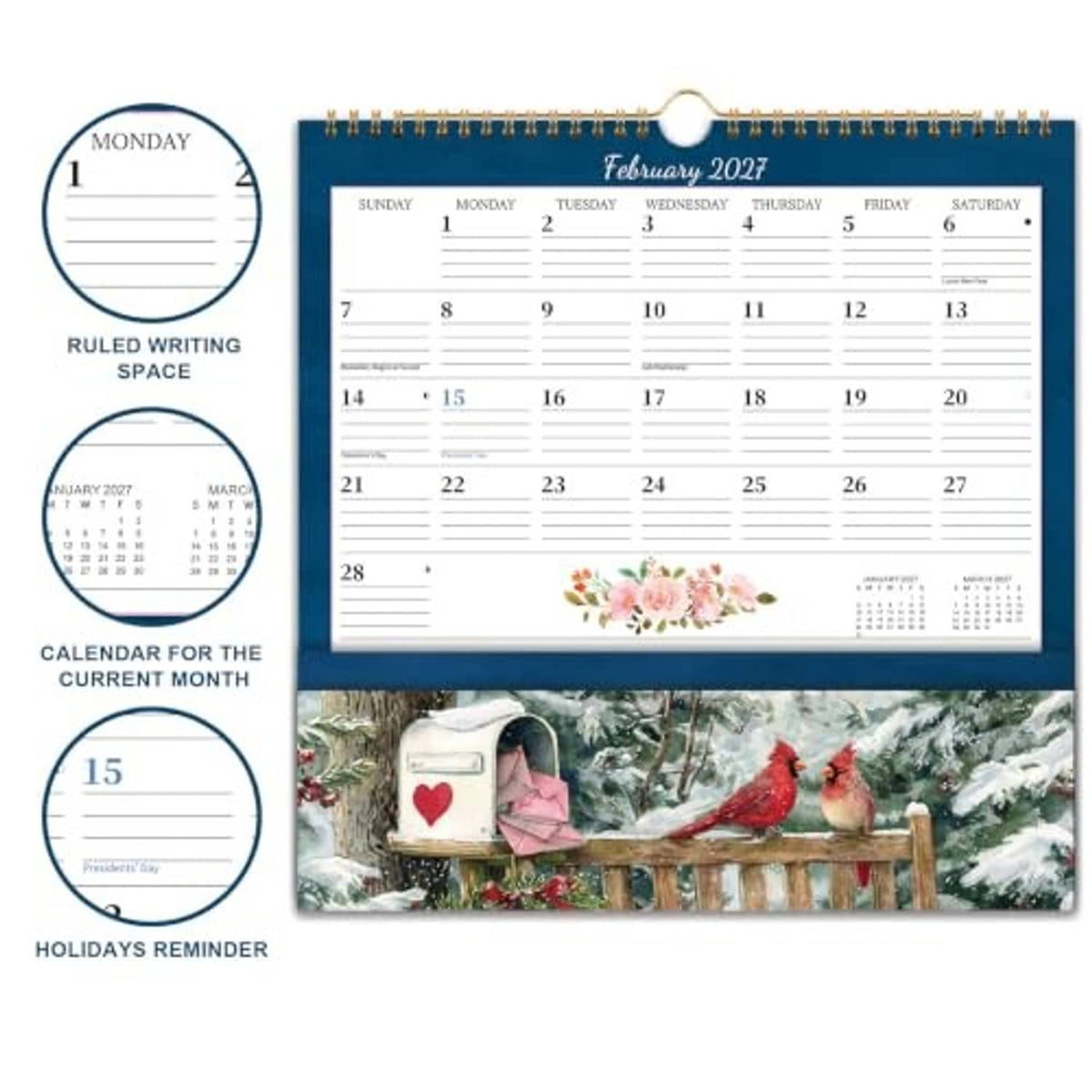 Blue February 2027 wall calendar with hanging loop and pocket area