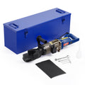 Hydraulic electric rebar bender with blue tool body, black head, and metal accessories