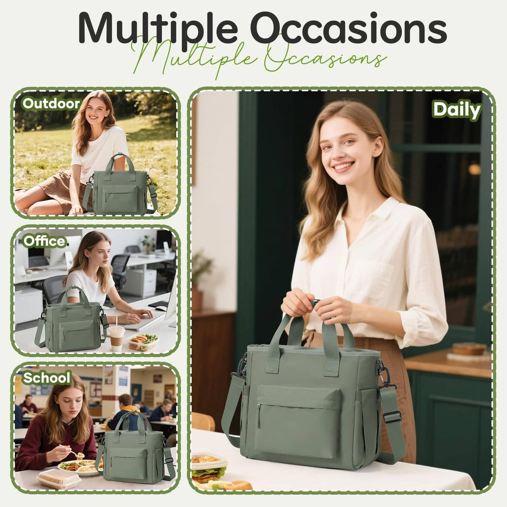 Insulated lunch tote bag for everyday use, shown with handles and shoulder strap