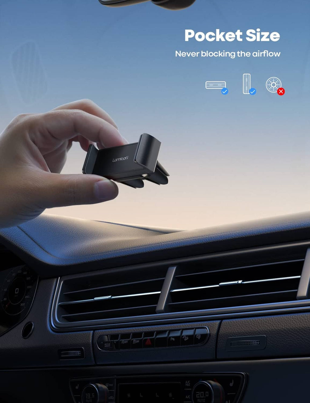 Compact car air-vent phone mount with spring clip, phone ready to slide in