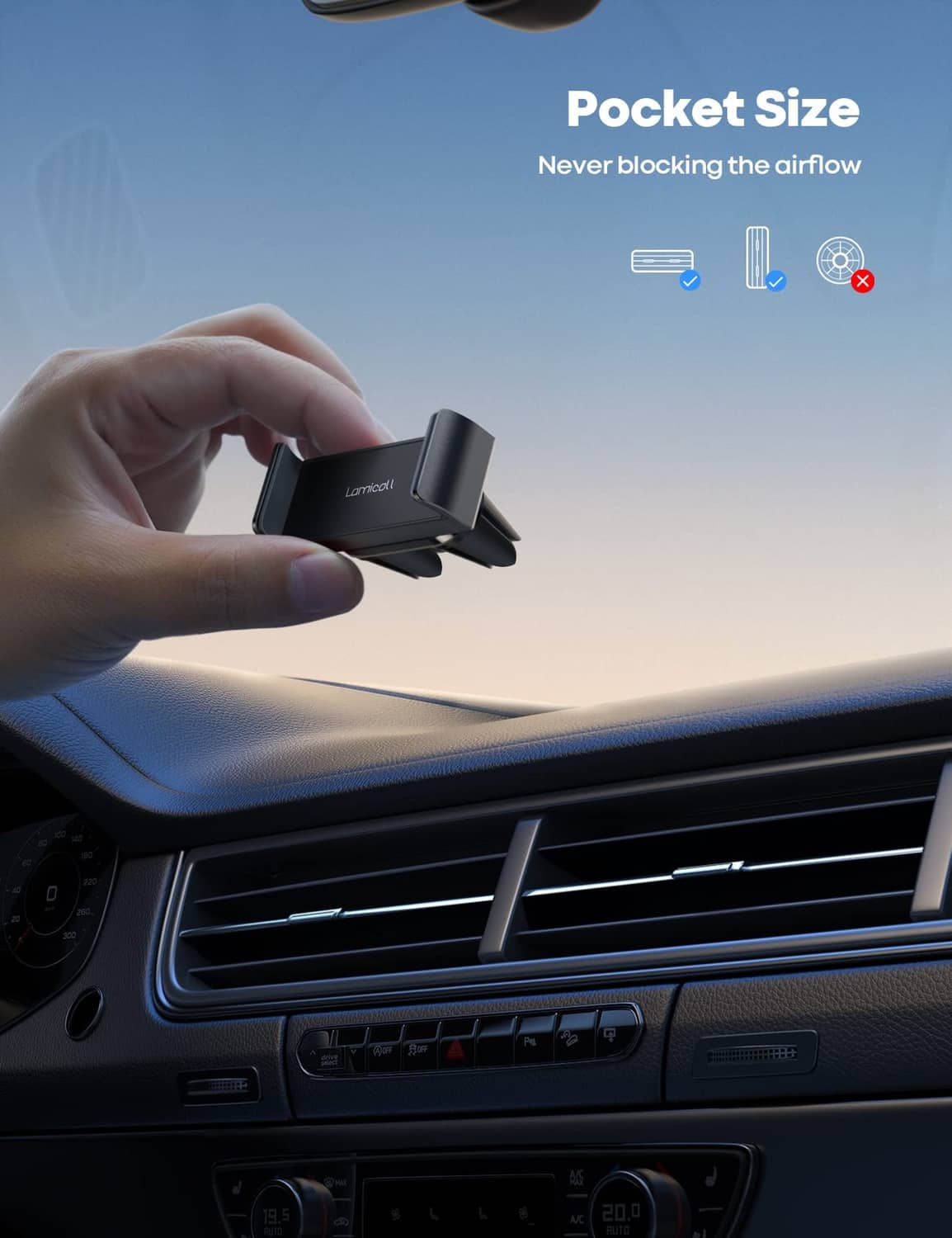 Compact car air-vent phone mount with spring clip, phone ready to slide in
