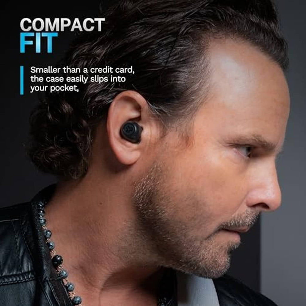 Black true wireless earbud in ear, side profile close-up