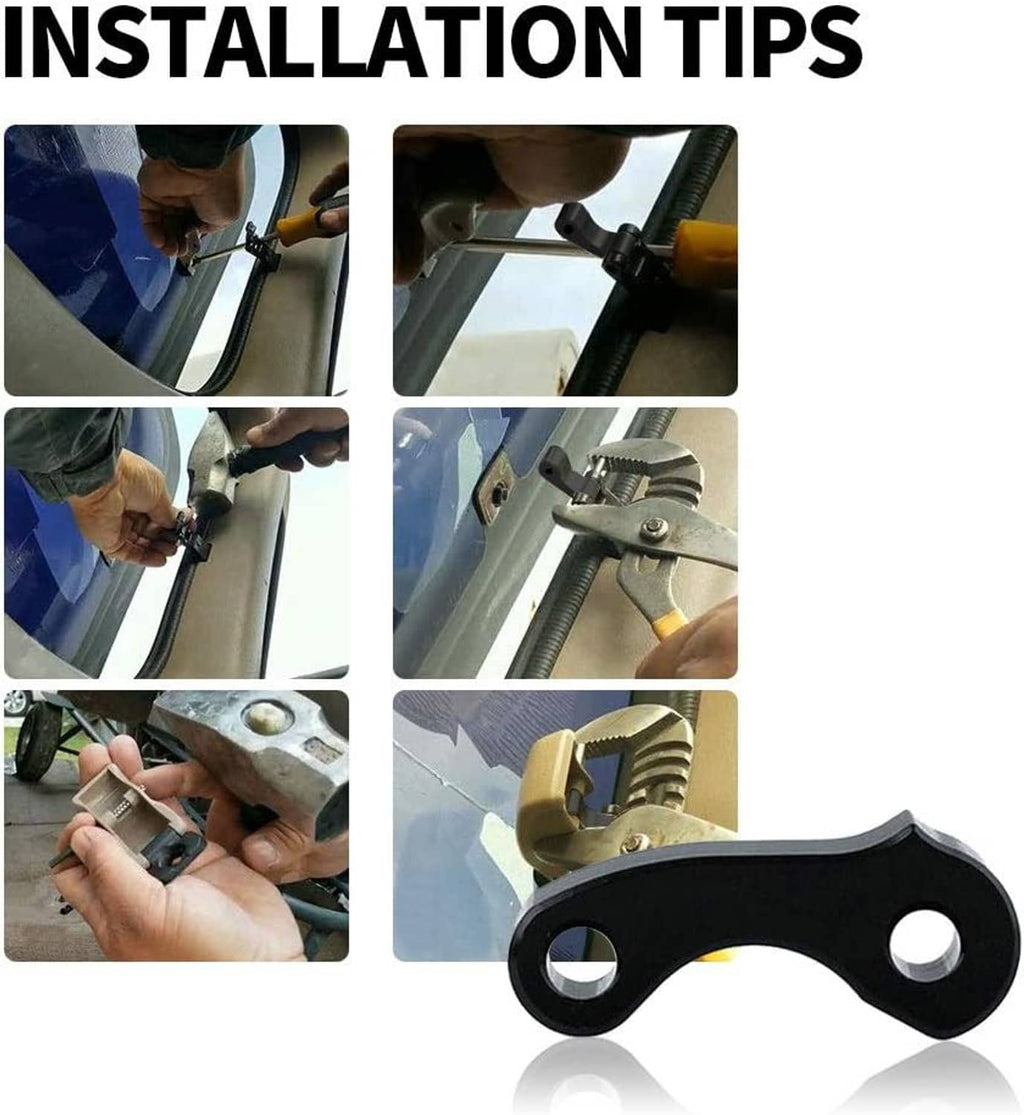 Black window latch hinge pivot pieces shown with multi-step installation images