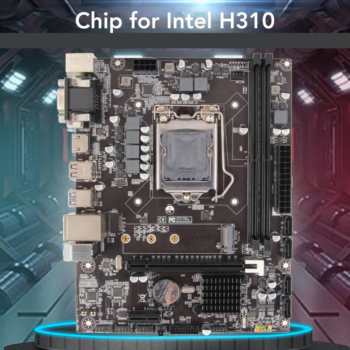 Motherboard with H310 chip area, CPU socket, and RAM slot sections