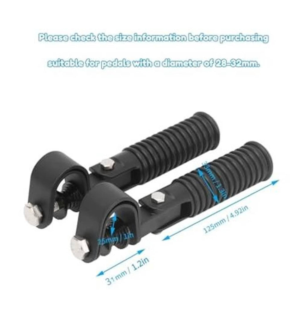 Foldable black motorcycle foot pegs with ribbed springs and mounting hardware
