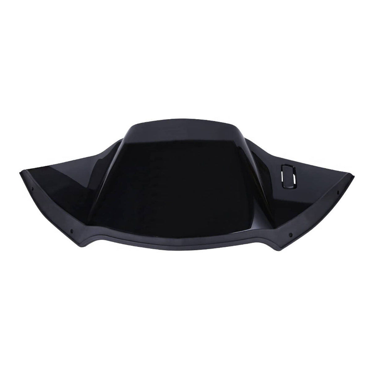 Black motorcycle air duct cover fairing, front-facing curved shield with slot opening