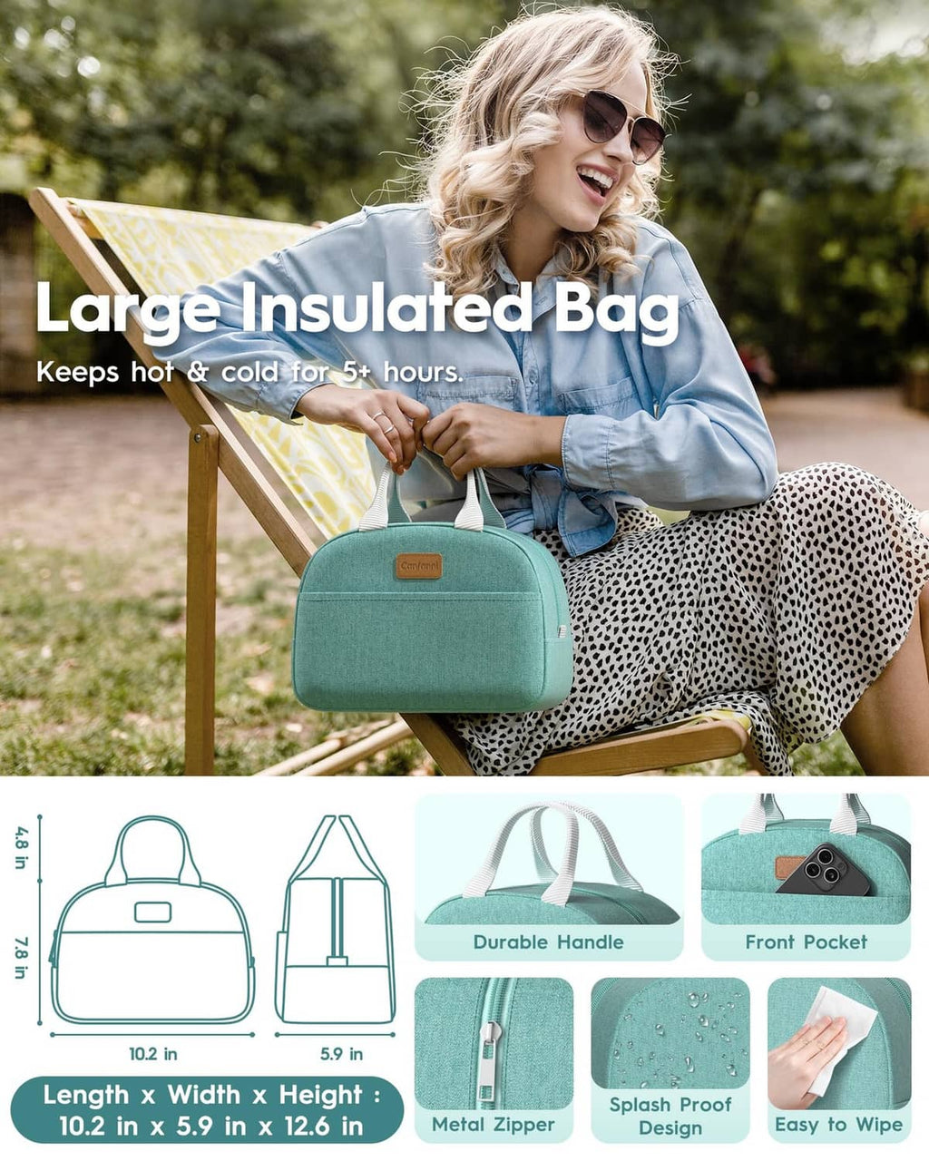 Mint green insulated lunch bag with top handle and front zip pocket