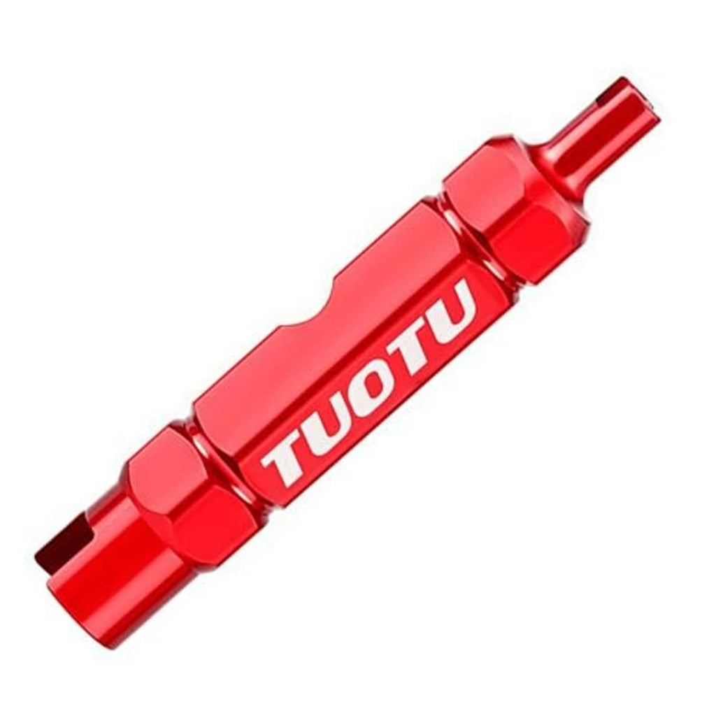 Red valve core remover and extender tool with angled tip and wrench end