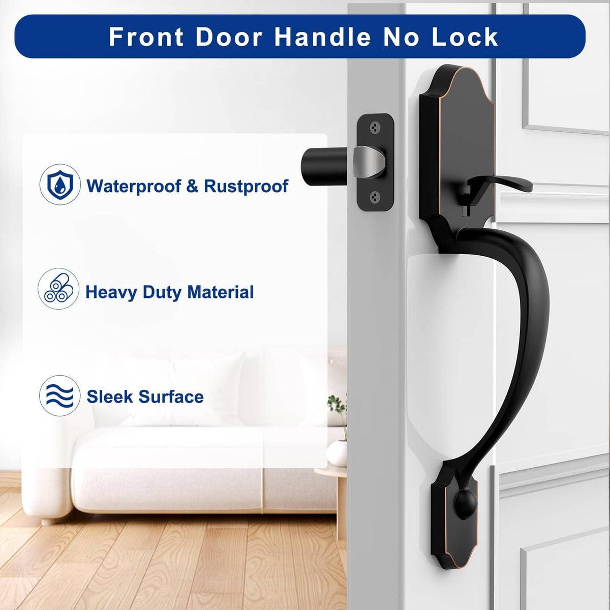 Oil-rubbed bronze front door handle without lock, curved lever with rectangular backplate