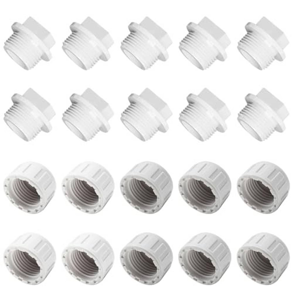 20-pack white PVC threaded pipe plugs and caps with ridged grip edges