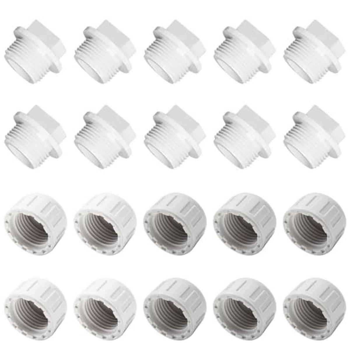 20-pack white PVC threaded pipe plugs and caps with ridged grip edges