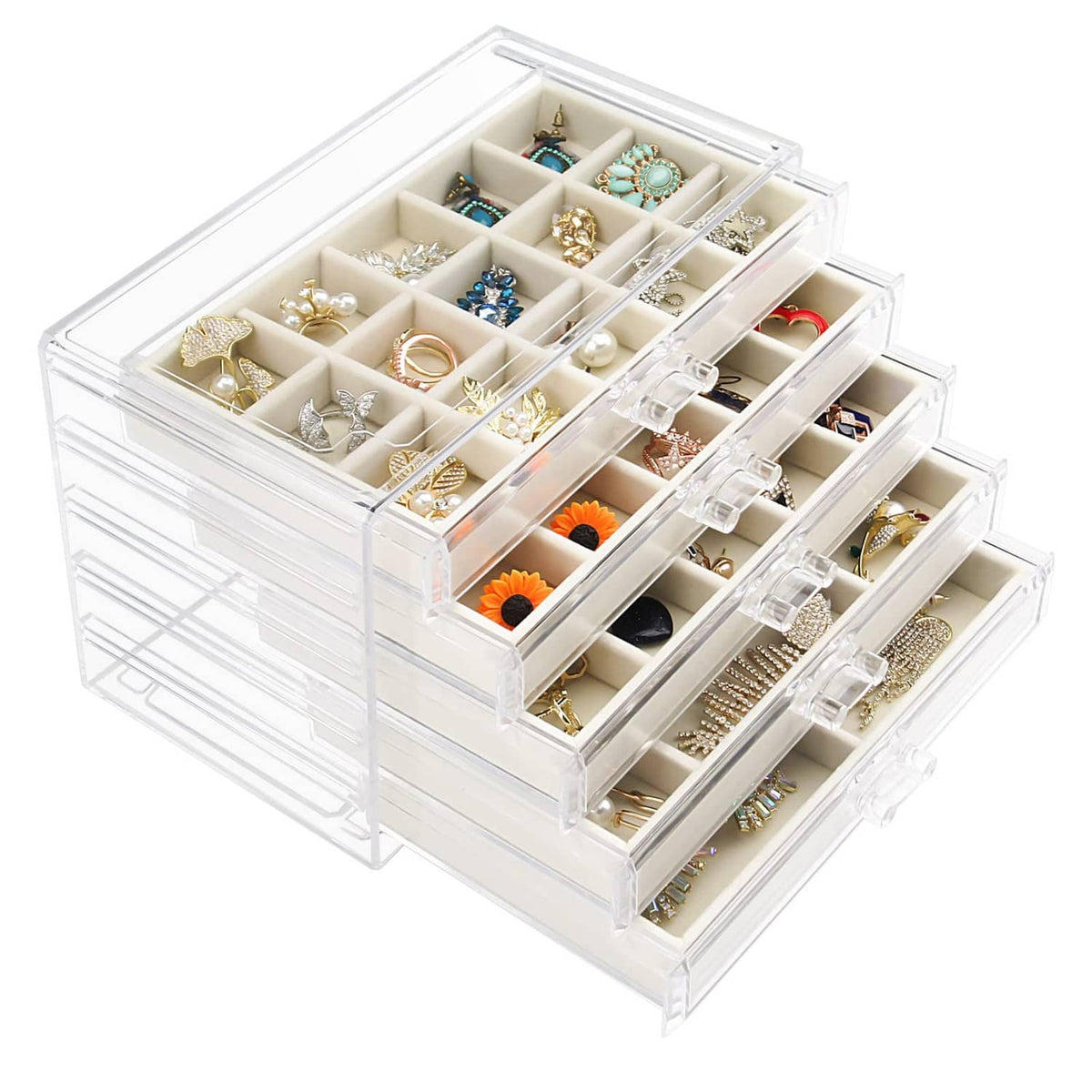 Clear acrylic jewelry box with five earring drawers and beige divider inserts