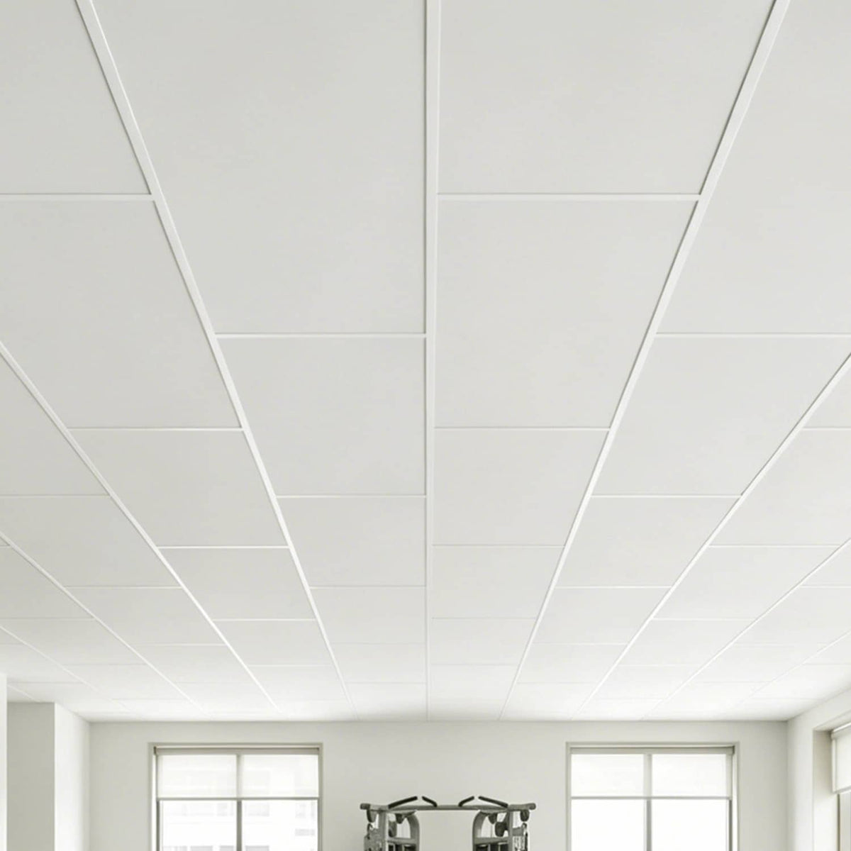 Close-up of white drop ceiling tile panels with grid seam lines.