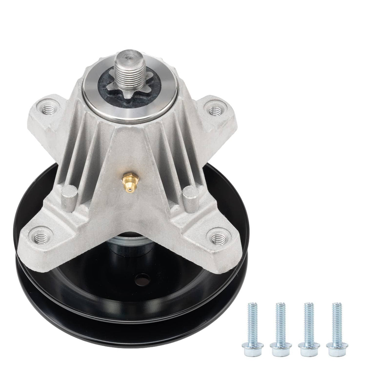 Deck spindle assembly close-up with silver housing, black pulley base, and mounting stud